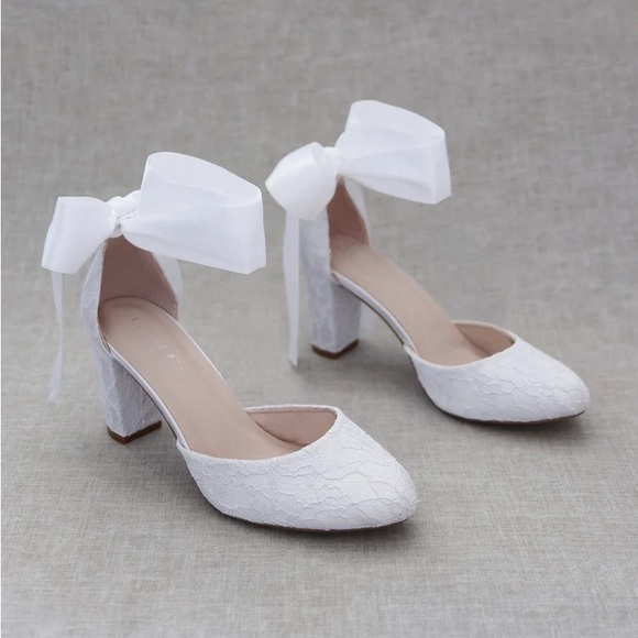 White Lace Block Heel with WRAPPED SATIN TIE, Women Wedding Shoes, Bridal Shoes - Picture 2 of 4